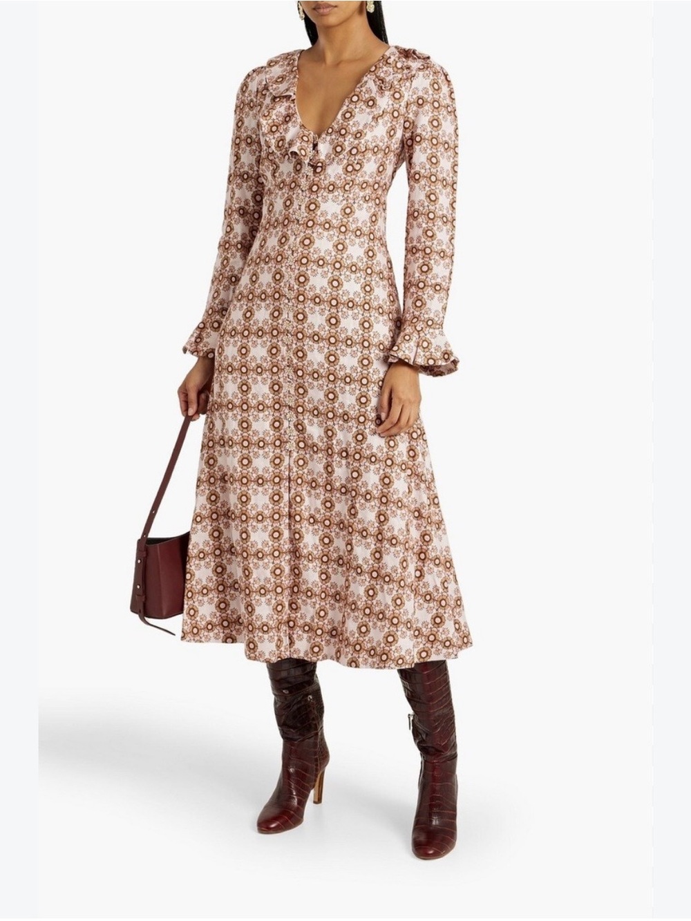 Zimmermann Brown Floral V-Neck Ruffle Midi Dress